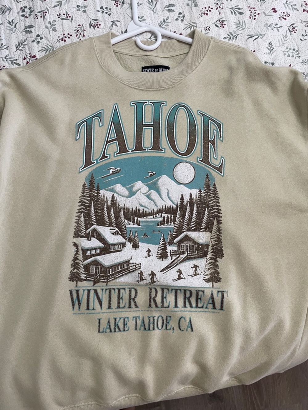 State of Mind Tahoe Winter Retreat Sweatshirt - Beige with Teal and Brown Print